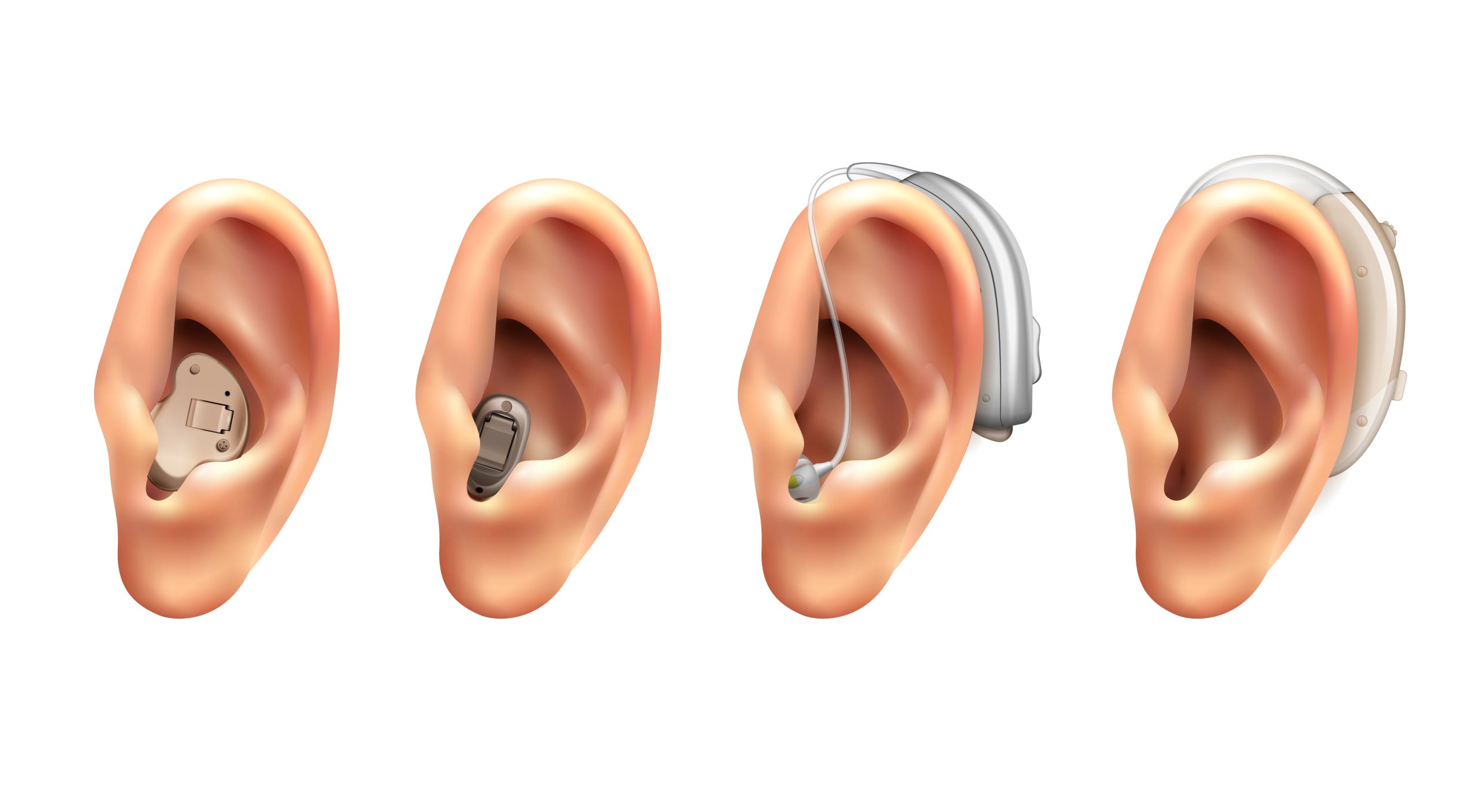 Hearing Aid Realistic Set Hearing aid ear realistic set of four isolated images with human ears with hanging electronic appliances vector illustration